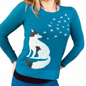 NWT LOFT Teal Blue Long Sleeve Crewneck Sweater with Fox and Stars Womens XS
